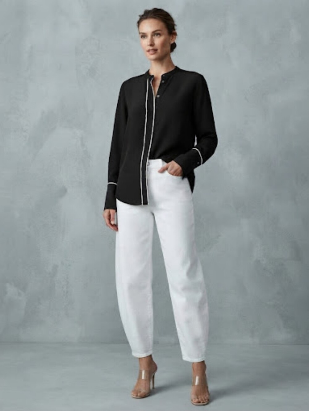 H&M Black Button-Up Blouse Top White Trim Piping Mock Neck Long Sleeve Size 4